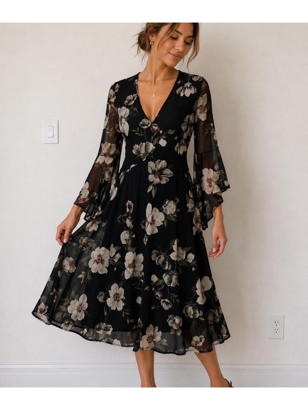 Sirenlily Black Floral Mesh Midi Dress Medium Fairy Goth Whimsy Grunge Cottage